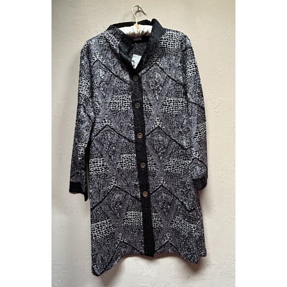 New Rossi Roma Womens Large Black White Crinkle Shirt Dress Jacket Button-Front - Picture 3 of 11